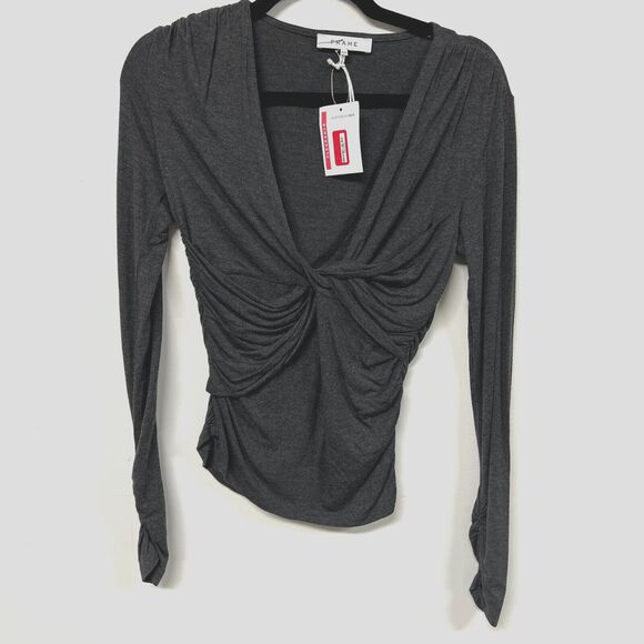 FRAME Charcoal Draped Twist Front Top Ruched Modal Long Sleeve Blouse Sz S NWT - Picture 2 of 14